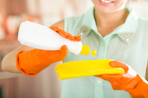 Cleaner inspecting a work area for hazards before starting
