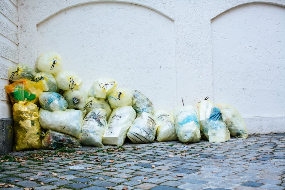 A street cleaning cart with a teal-colored waste bin and a broom leaning against it is positioned on a paved sidewalk next to a tree with fallen leaves scattered around. The background features a ston